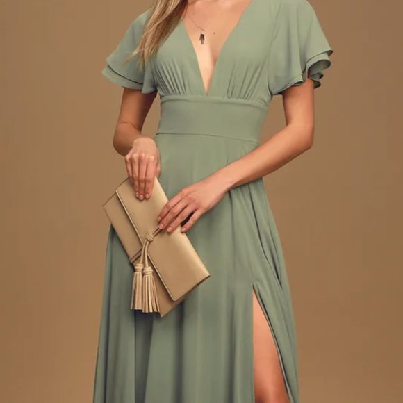 Lulu's Promise Of Love Sage Brush Flutter Sleeve Maxi Dress - Picture 1 of 7